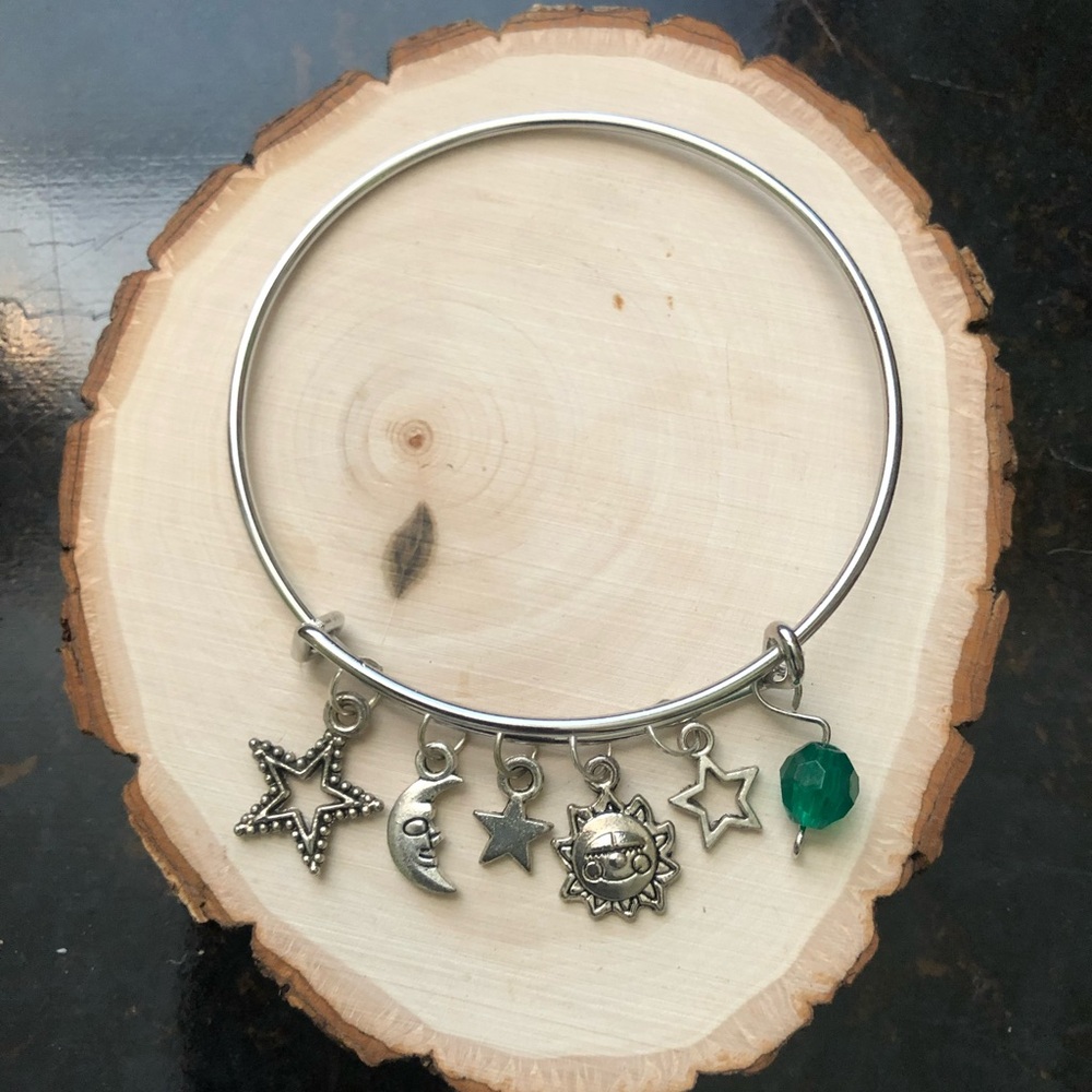 Sun Moon and Stars Charm Bangle Bracelet | Silver Handmade Bracelet